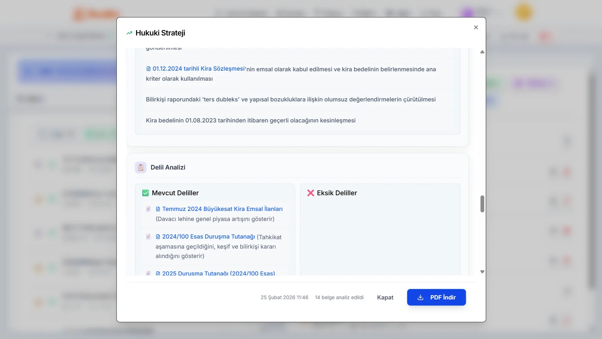 Avudex akıllı analizler: dava stratejisi, özet, akıllı notlar ve özel analiz ekranı