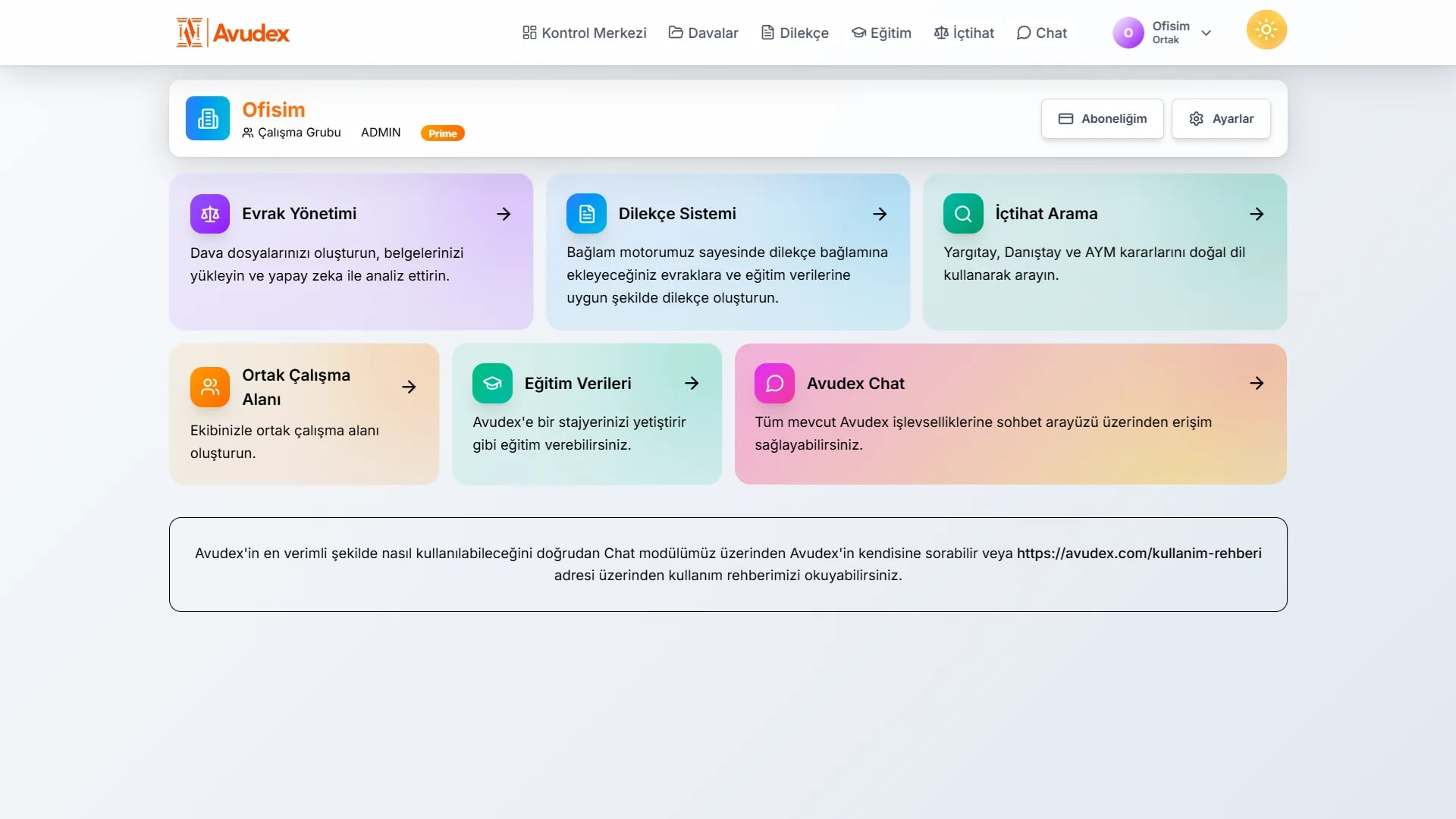 Avudex kontrol merkezi: tüm hukuki hizmetlere tek platformdan erişim ekranı
