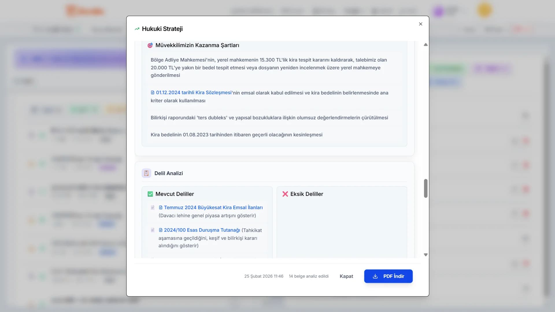 Avudex akıllı analizler: dava stratejisi, özet, akıllı notlar ve özel analiz ekranı