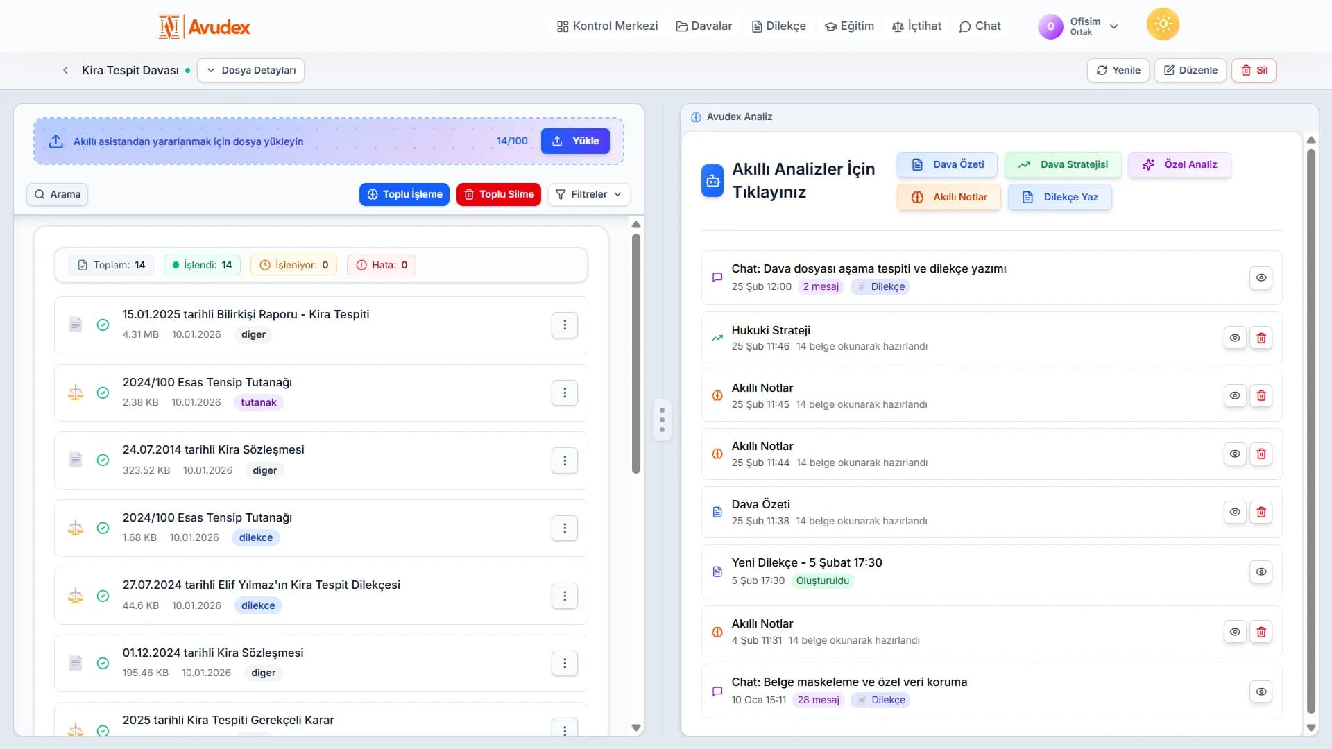 Avudex dava dosyası yönetimi: belge yükleme, AI analiz ve akıllı notlar ekranı