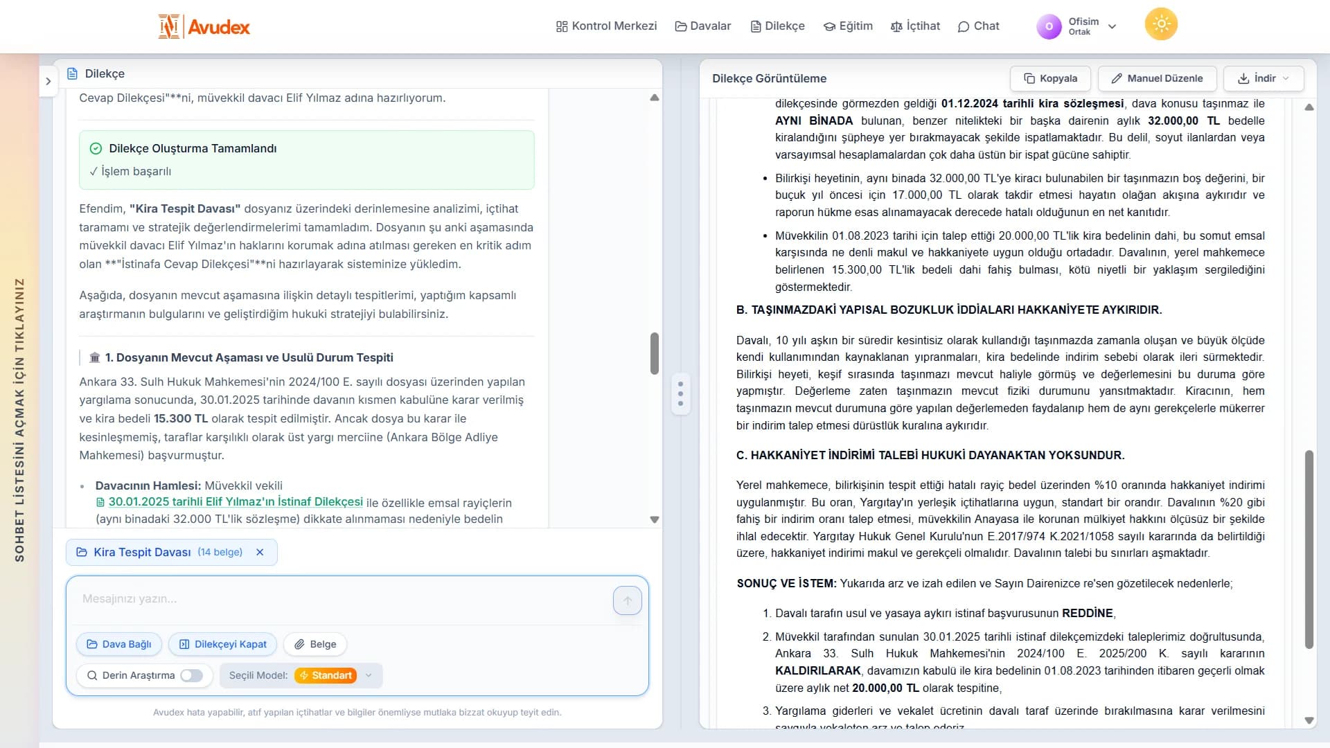 Avudex AI chat ile dilekçe oluşturma ve düzenleme: sohbet ve canlı dilekçe önizleme ekranı