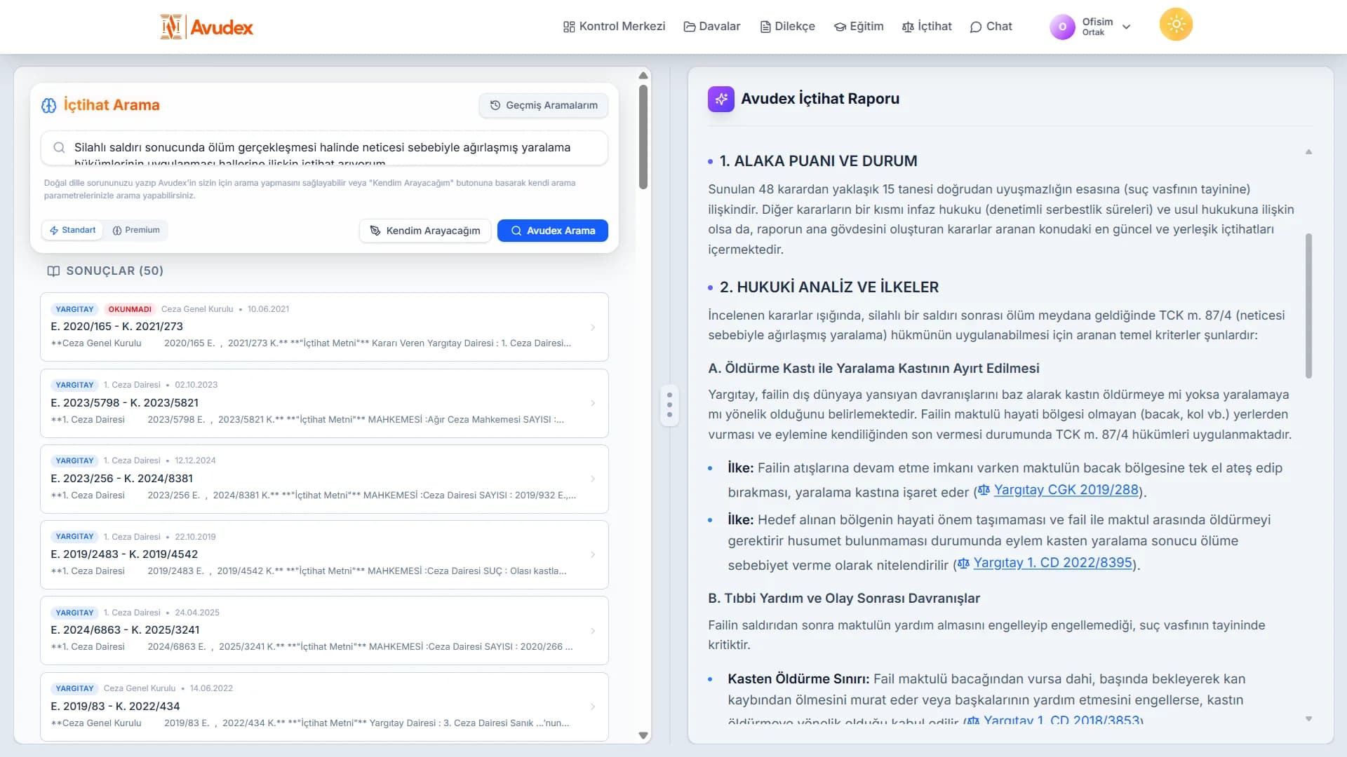 Avudex içtihat arama: Yargıtay, Danıştay ve AYM kararları ile detaylı içtihat raporu ekranı