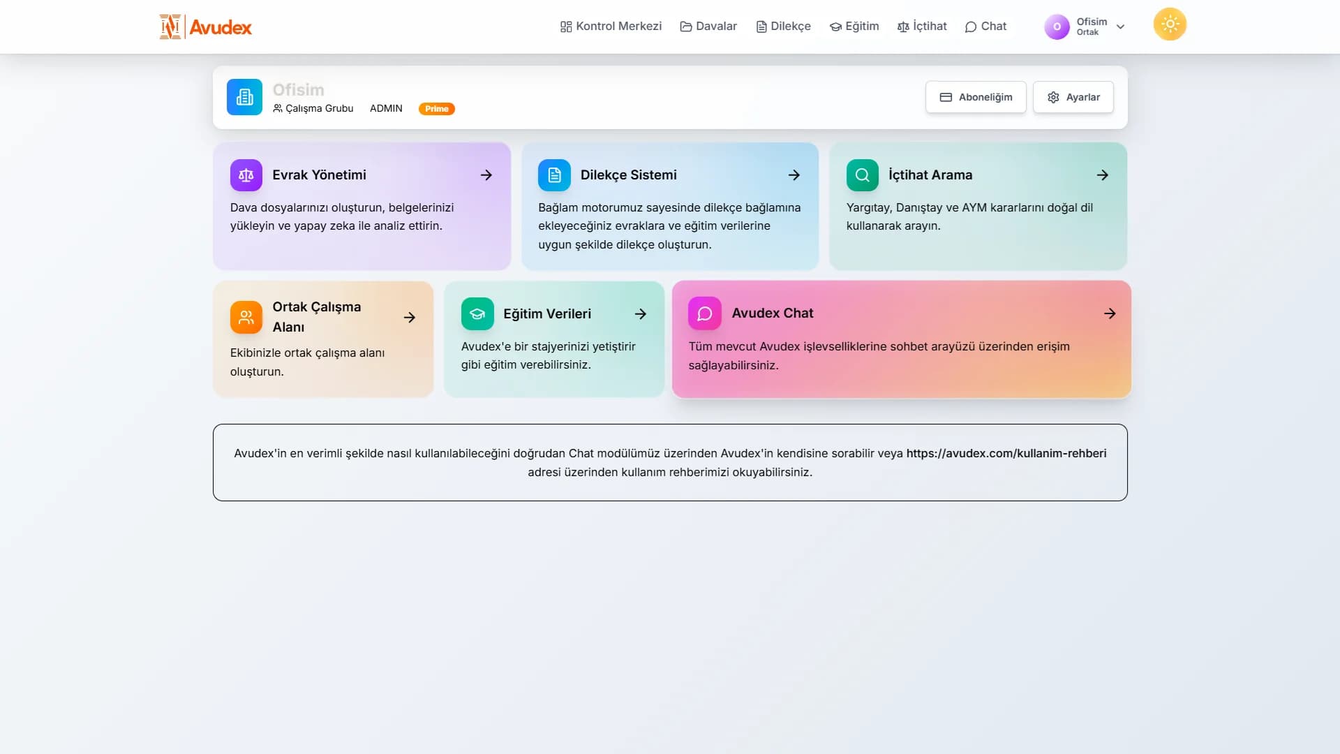 Avudex kontrol merkezi: tüm hukuki hizmetlere tek platformdan erişim ekranı